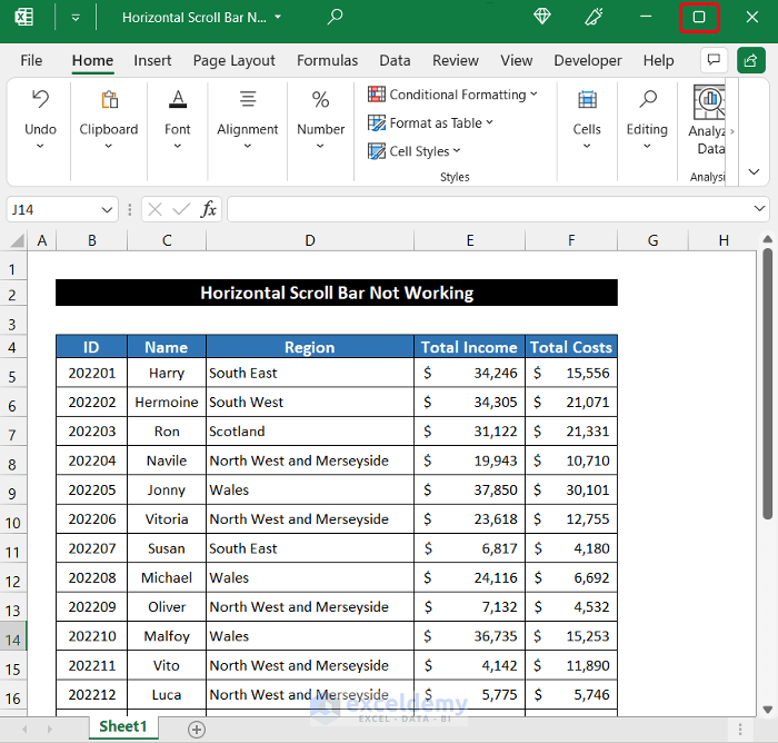 Resize Excel Window to Fix Horizontal Scroll Bar Not Working