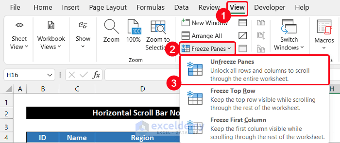Unfreeze Panes to Fix Horizontal Scroll Bar Not Working