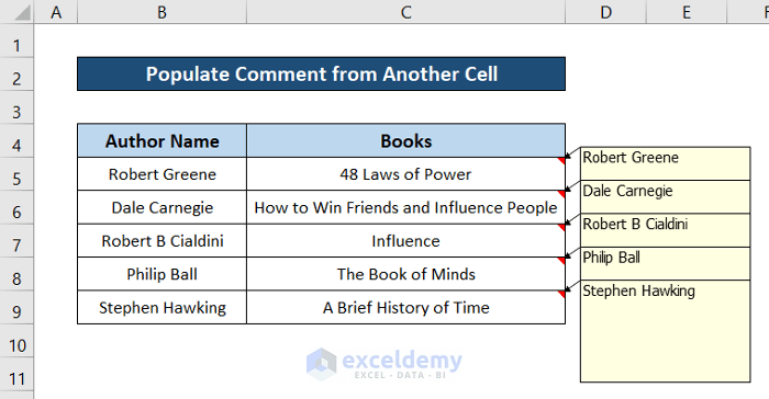 excel populate comment from another cell