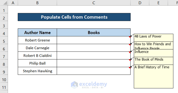 excel populate comment from another cell