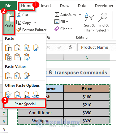 3 Effective Methods to Reverse Order of Columns Horizontally in Excel