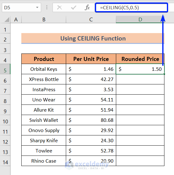 Using CEILING Function to Round to nearest 50 cents in excel