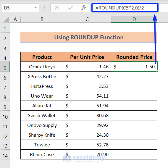 Using ROUNDUP Function to Round to Nearest 50 Cents in Excel