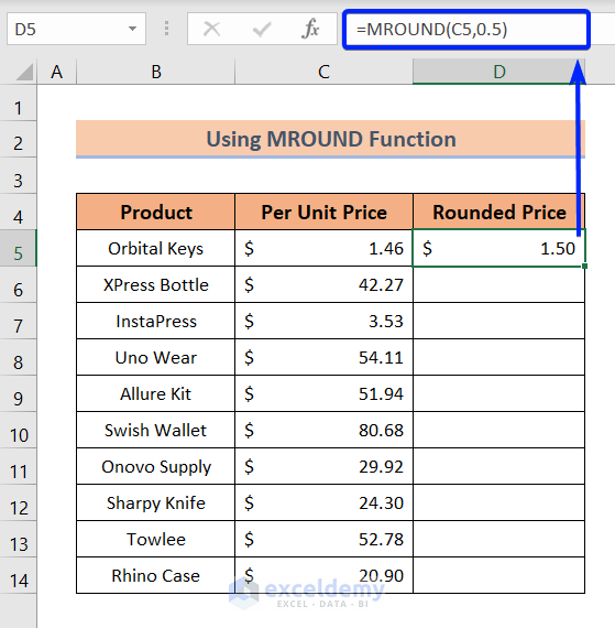Round to Nearest 50 Cents Using MROUND Function in Excel