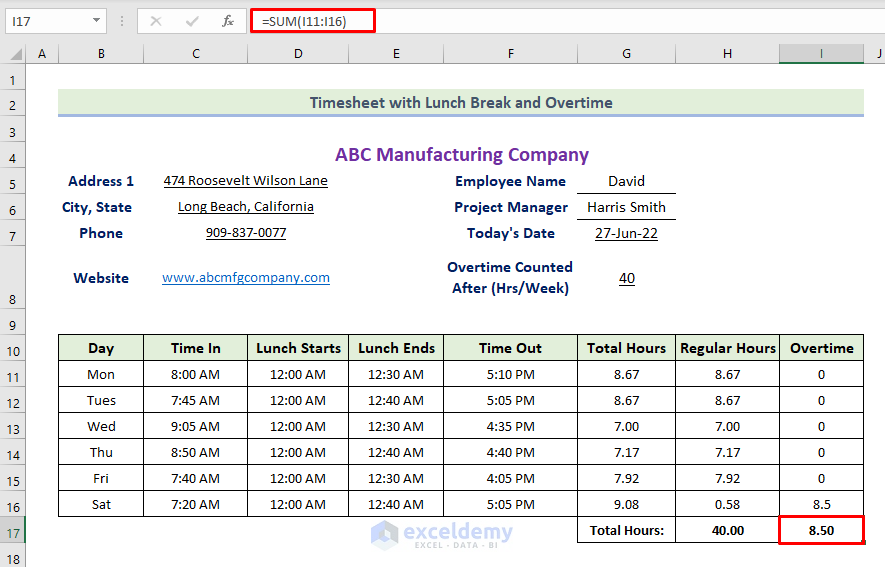 Excel Timesheet Formula with Lunch Break and Overtime