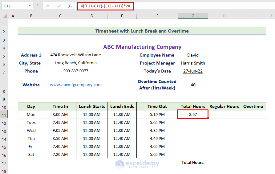 Calculate Total Hours of the Timesheet