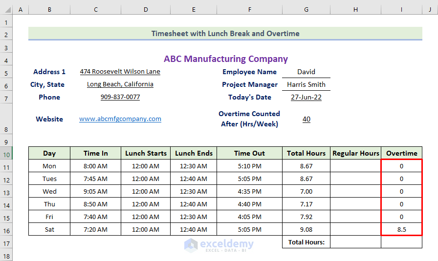 Excel Timesheet Formula with Lunch Break and Overtime