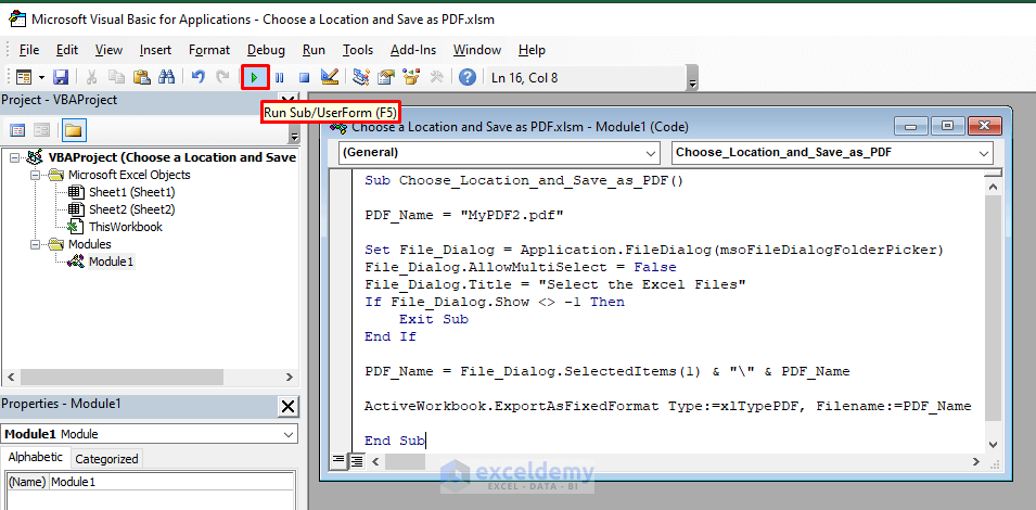 Running the Code Choose a Location and Save the File as PDF Using VBA