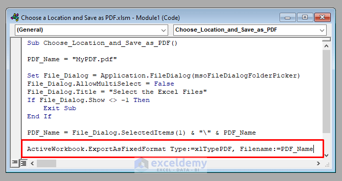 Saving File Choose a Location and Save the File as PDF Using VBA