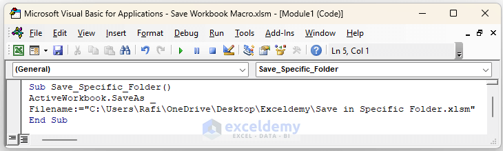 excel vba save workbook in specific folder