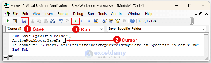 Run Code: excel vba save workbook in specific folder