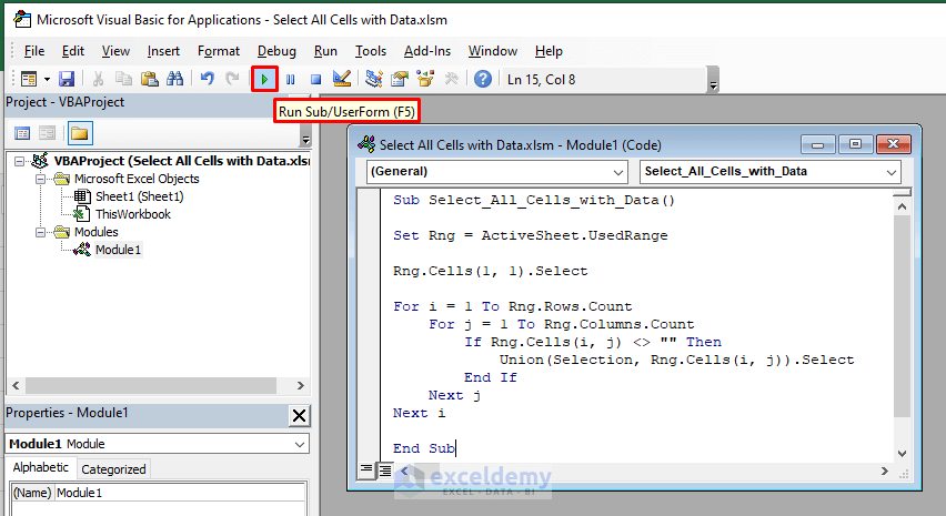 Running the Code to Select All the Cells within a Worksheet with Data Using Excel VBA