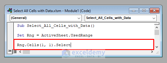 Selecting the First Cell to Select All the Cells within a Worksheet with Data Using Excel VBA
