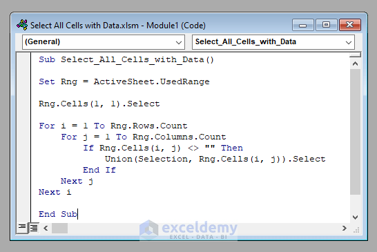 VBA Code to Select All Cells with Data in Excel