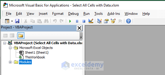 Opening the VBA Window to Select All the Cells within a Worksheet with Data Using Excel VBA