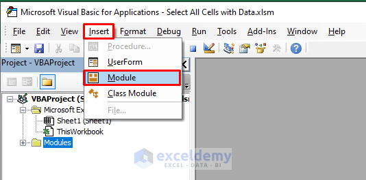 Inserting Module to Select All the Cells within a Worksheet with Data Using Excel VBA