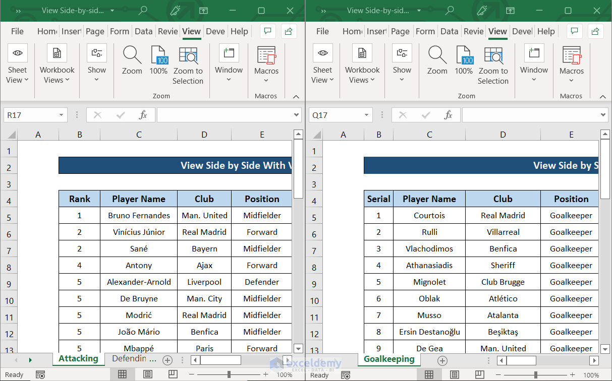 excel view side by side vertical synchronous scrolling