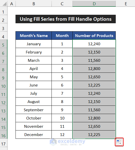Using Fill Series Command from Fill Handle Options to Fill a Series Based on Extrapolation