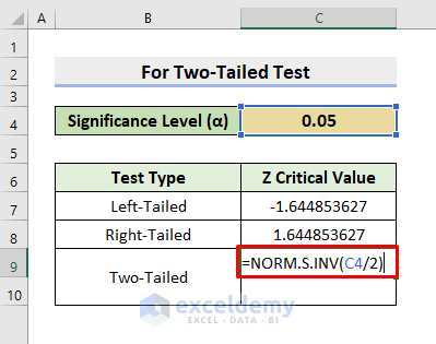 Get Z Critical Value for Two-Tailed Test in Excel