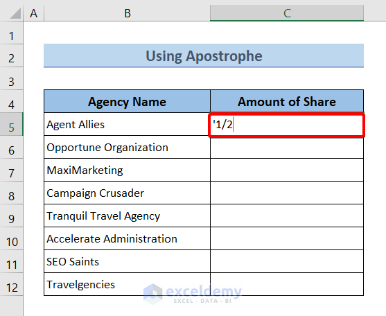 Using Apostrophe (‘) to Stop Fraction Changing to Date in Excel