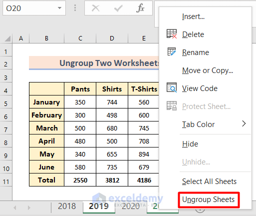 Ungroup Two Worksheets in Excel