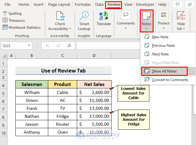Hide Notes in Excel Through Review Tab