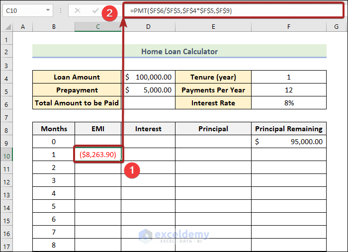 home loan calculator excel sheet with prepayment option calculating the EMI