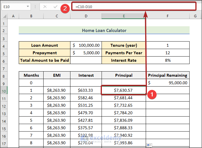 home loan calculator excel sheet with prepayment option calculating the paid-up capital