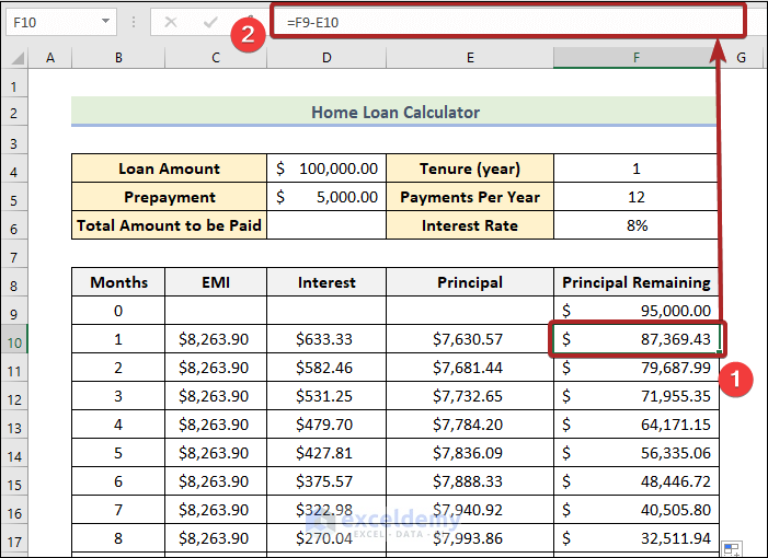 home loan calculator excel sheet with prepayment option calculating the remaining capital