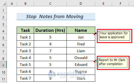 how do i stop my notes from moving in excel intro