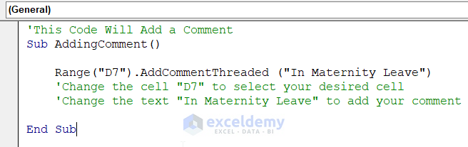 Using VBA code to add comment