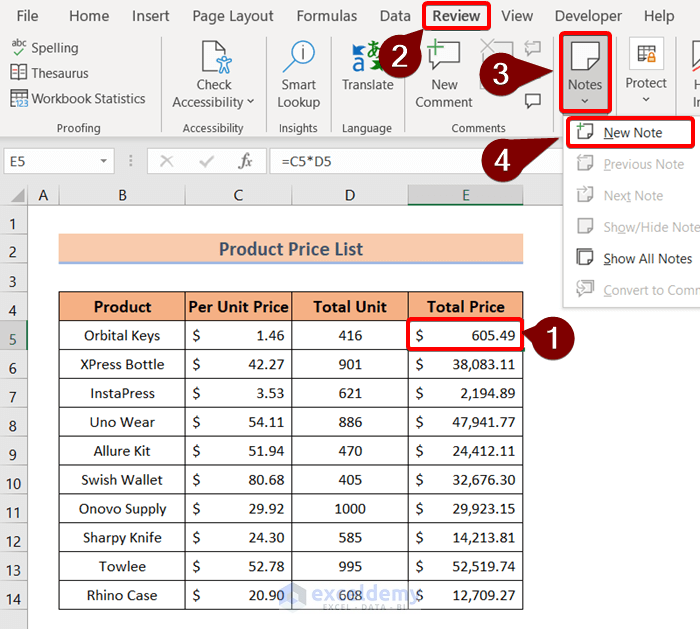 Add Notes in Excel