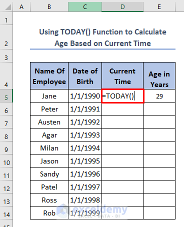 how to calculate age betwen two dates using TODAY Function 