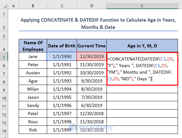 how to calculate age between two dates in Excel using CONCATENATE and DATEDIF Function