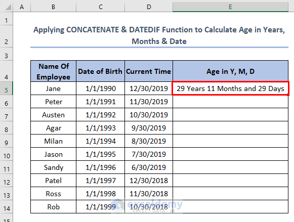 how to calculate age between two dates in Excel using CONCATENATE and DATEDIF Function