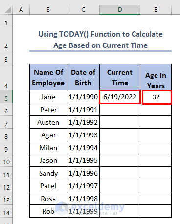 how to calculate age betwen two dates using TODAY Function 