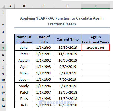 how to calculate age between two dates in Excel using YEARFRAC Function