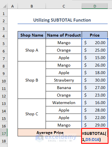 how to calculate average price in excel using SUBTOTAL function