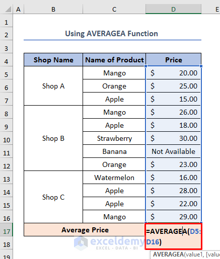 how to calculate average price in excel using AVERAGEA function