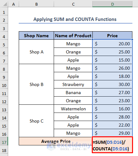 how to calculate average price in excel using SUM and COUNTA function