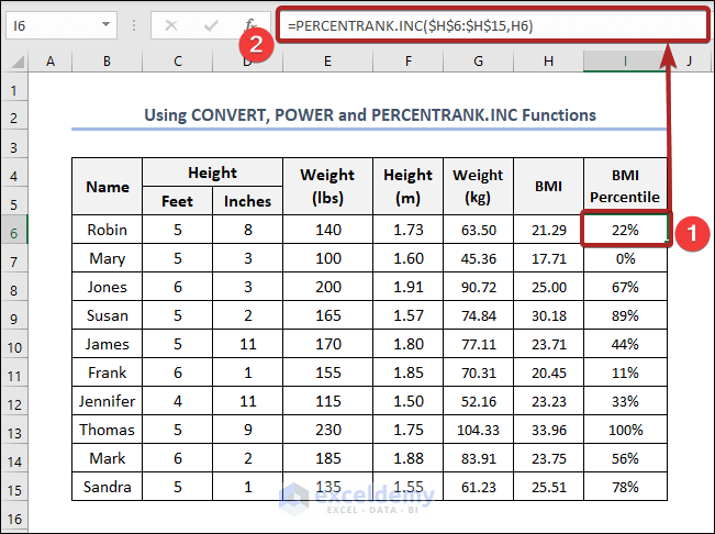 how to calculate bmi percentile in excel using POWER function