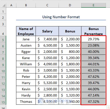 how to calculate bonus percentage in Excel using Number Format