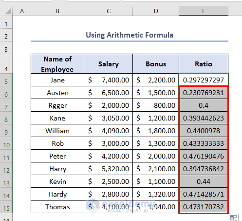 how to calculate bonus percentage in Excel using Arithmetic Formula
