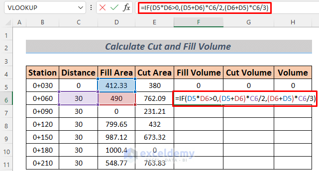 how to calculate cut and fill volume in excel