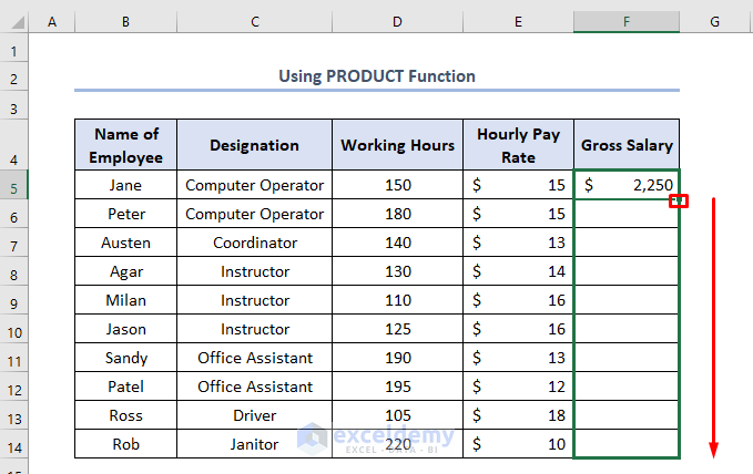 how to calculate gross salary in Excel using PRODUCT function