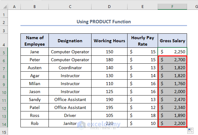 how to calculate gross salary in Excel using PRODUCT function