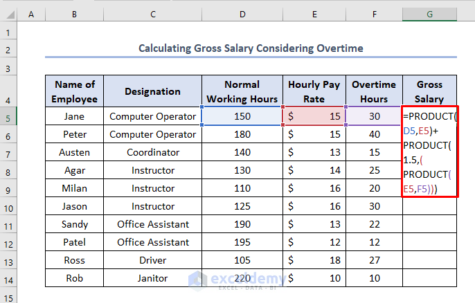 how to calculate gross salary in Excel using PRODUCT function considering overtime