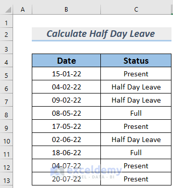 how to calculate half day leave in excel