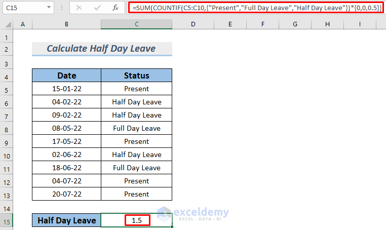 how to calculate half day leave in excel