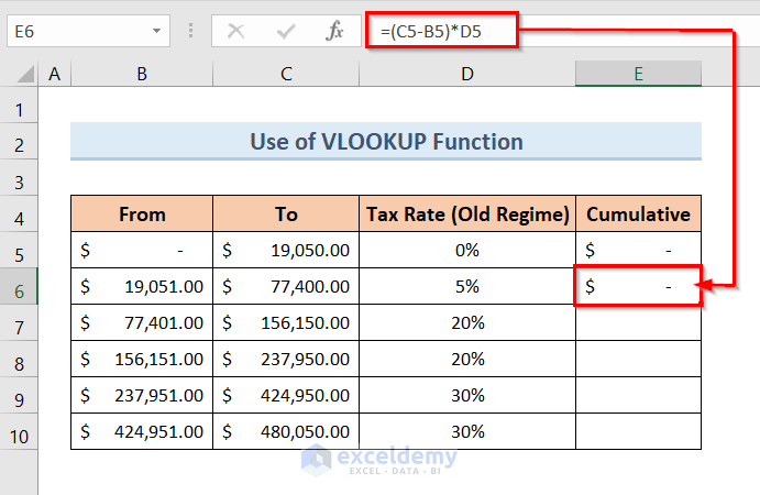 Calculate Income Tax on Salary with Old Regime with Excel VLOOKUP Function